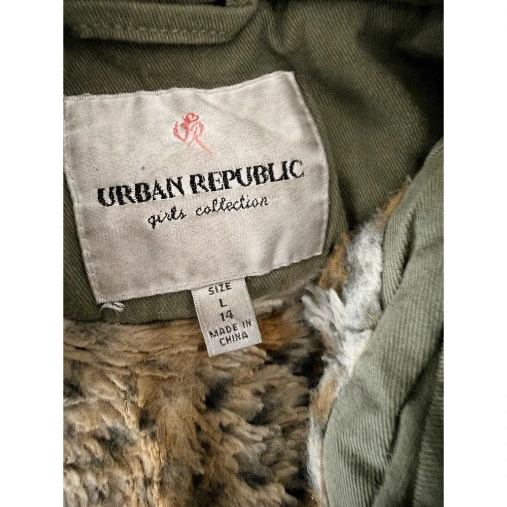 Urban Republic Jacket Girls L 14 Olive Green Anorak Parka Leopard Faux Fur Liner